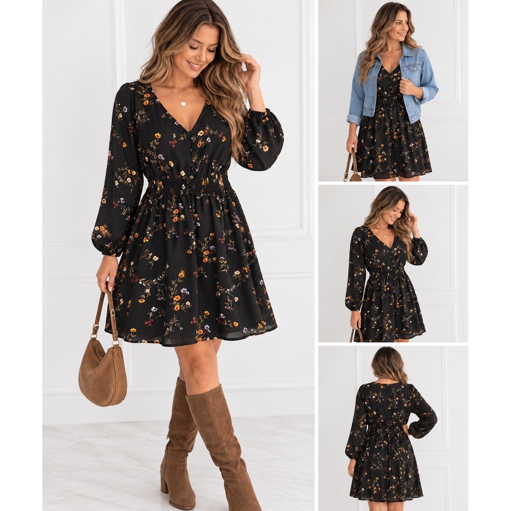 Floral Dress Always Indigo Womens 2X Black Smocked Waist V Neck Long Sleeve Boho